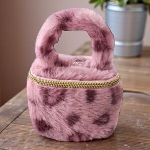 Mini Pink Leopard-Patterned Makeup Pouch Cosmetic Bag Top Handle Faux Fur